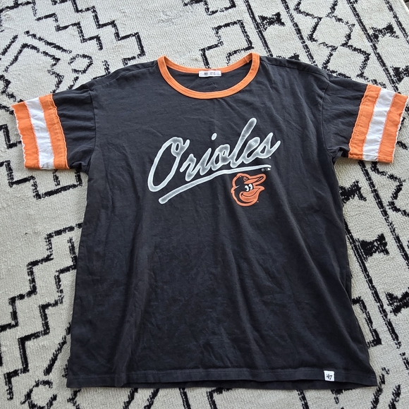 Baltimore Orioles Shirt Womens‎ Size L Ringer Ruffled Sleeves '47 MLB Baseball - Picture 1 of 11
